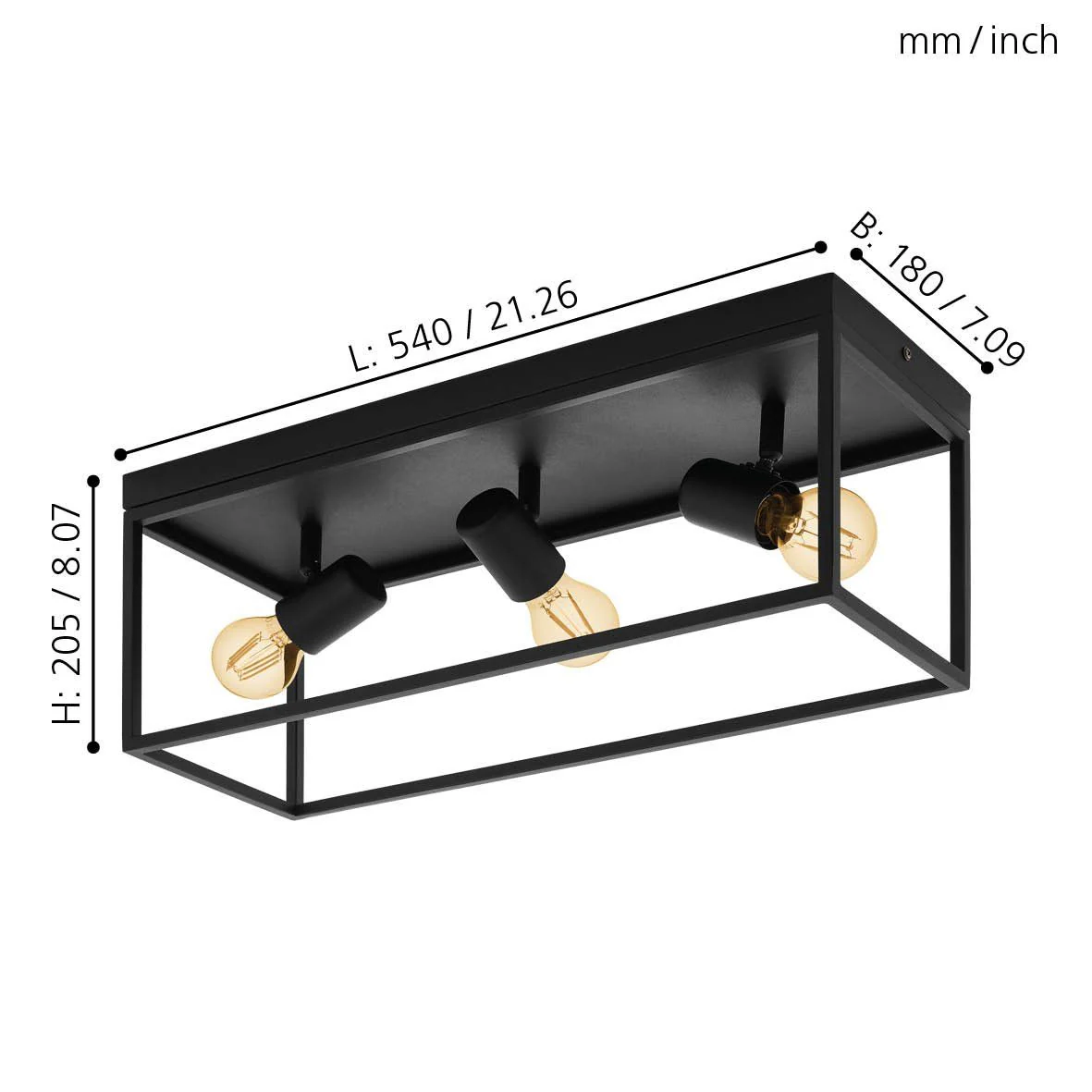 3 Bulb Steel Ceiling Light with Black Clear Glass - Image 5