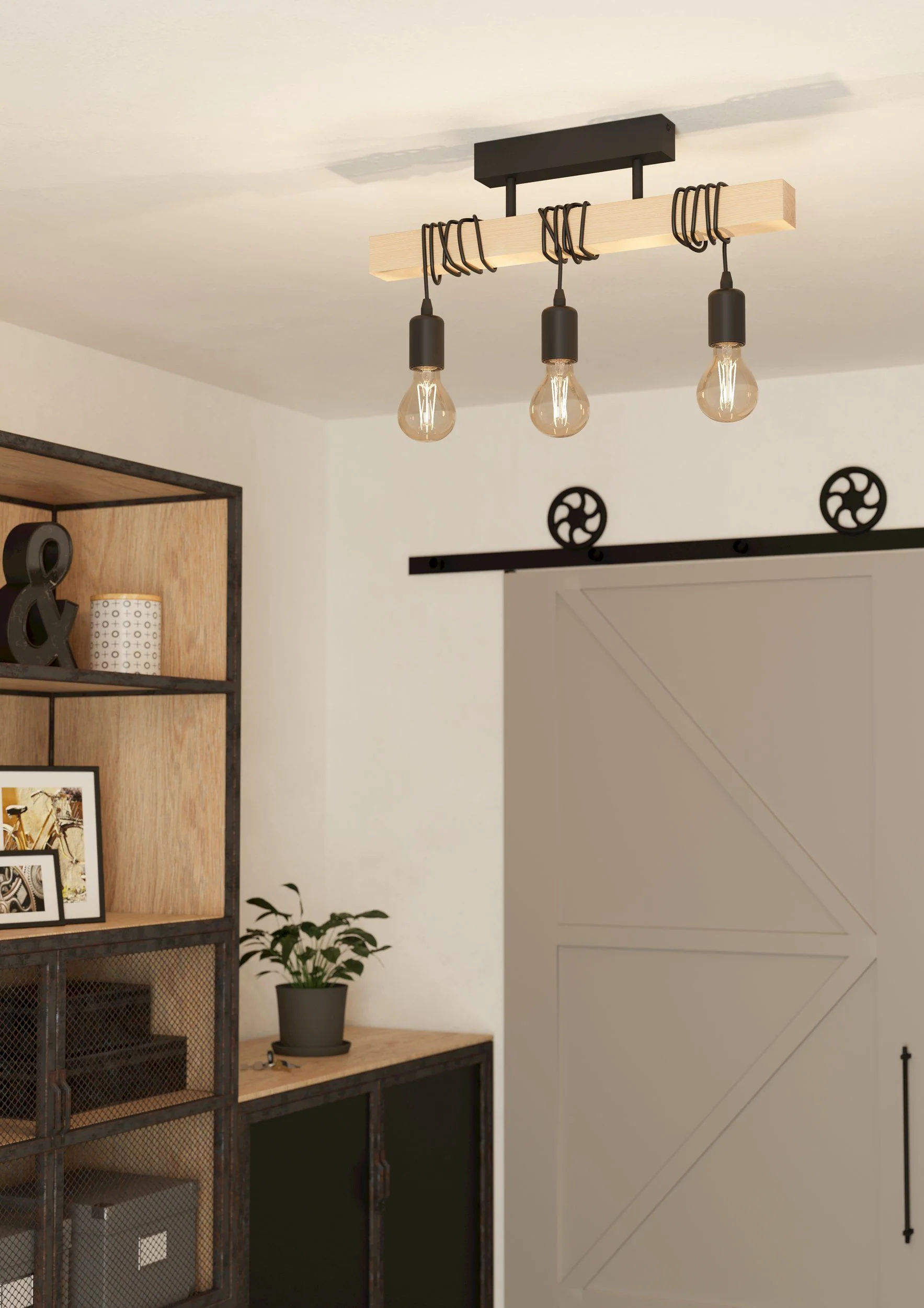 3 Light Black Steel Natural Wooden Bar Wooden Ceiling Light - Image 4