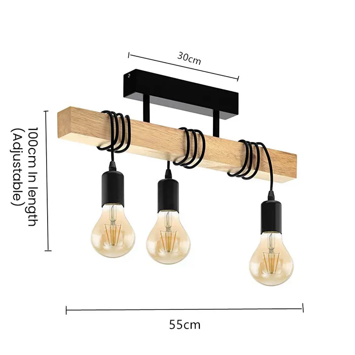 3 Light Black Steel Natural Wooden Bar Wooden Ceiling Light - Image 5