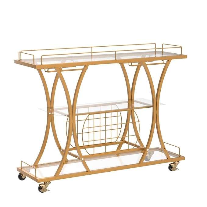 3-Tier Gold Bar Trolley with Glass Shelves & Wine Rack - Image 4