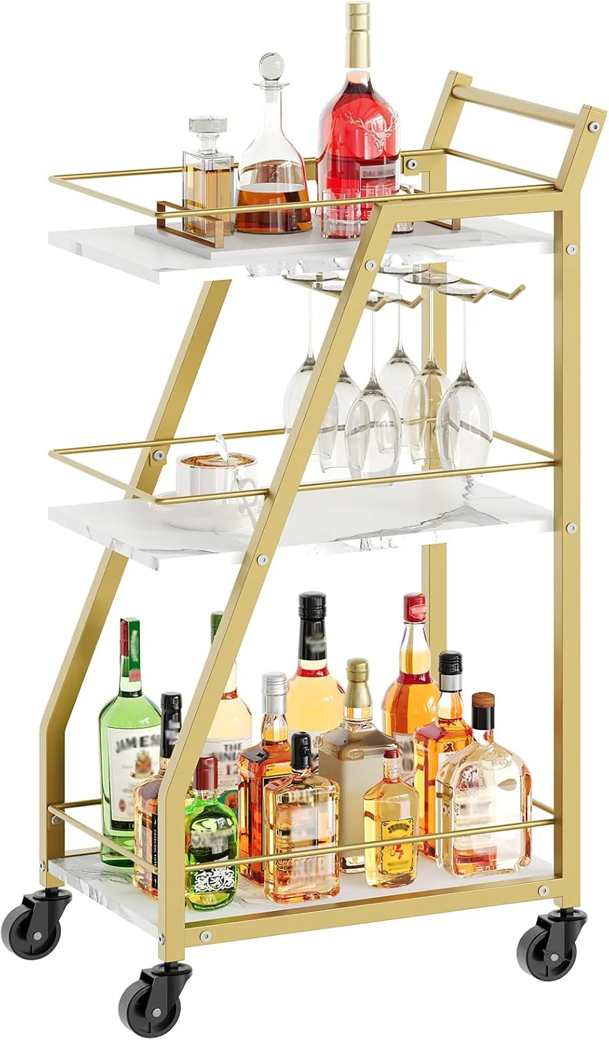 3-Tier Kitchen Bar Trolley in White & Gold Finish - Image 3