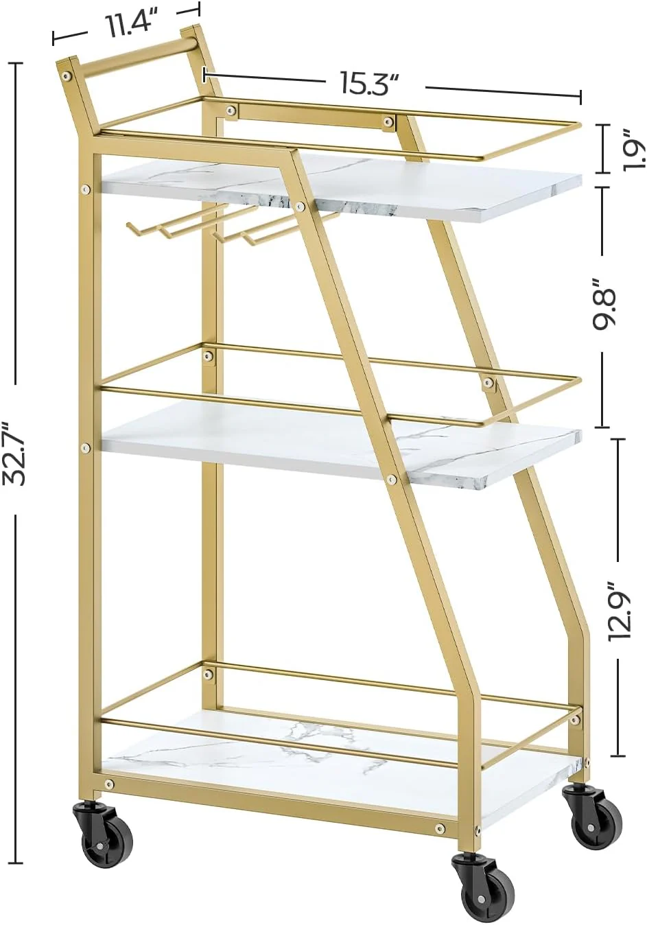 3-Tier Kitchen Bar Trolley in White & Gold Finish - Image 4
