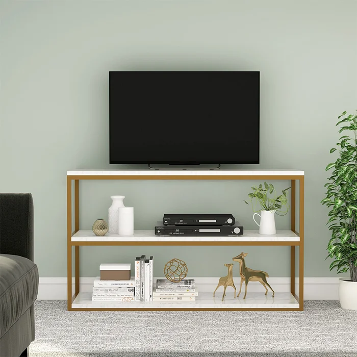 3-Tier White Marble Console Table with Golden Finish - Image 2