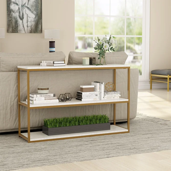 3-Tier White Marble Console Table with Golden Finish - Image 3