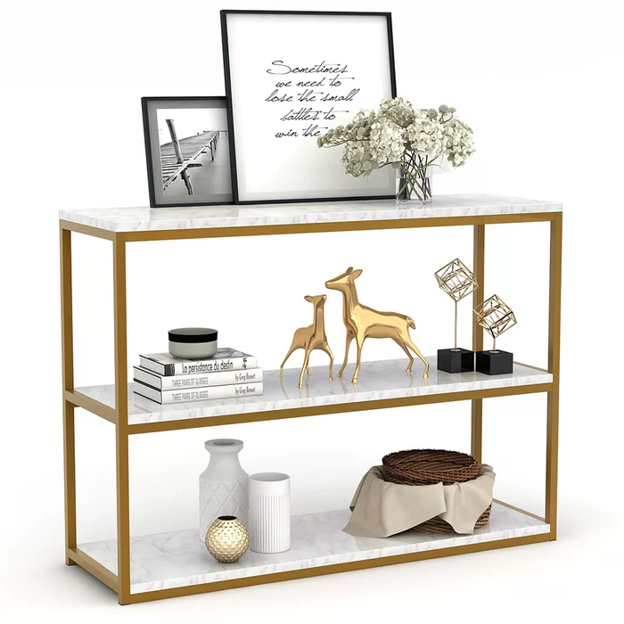 3-Tier White Marble Console Table with Golden Finish - Image 4