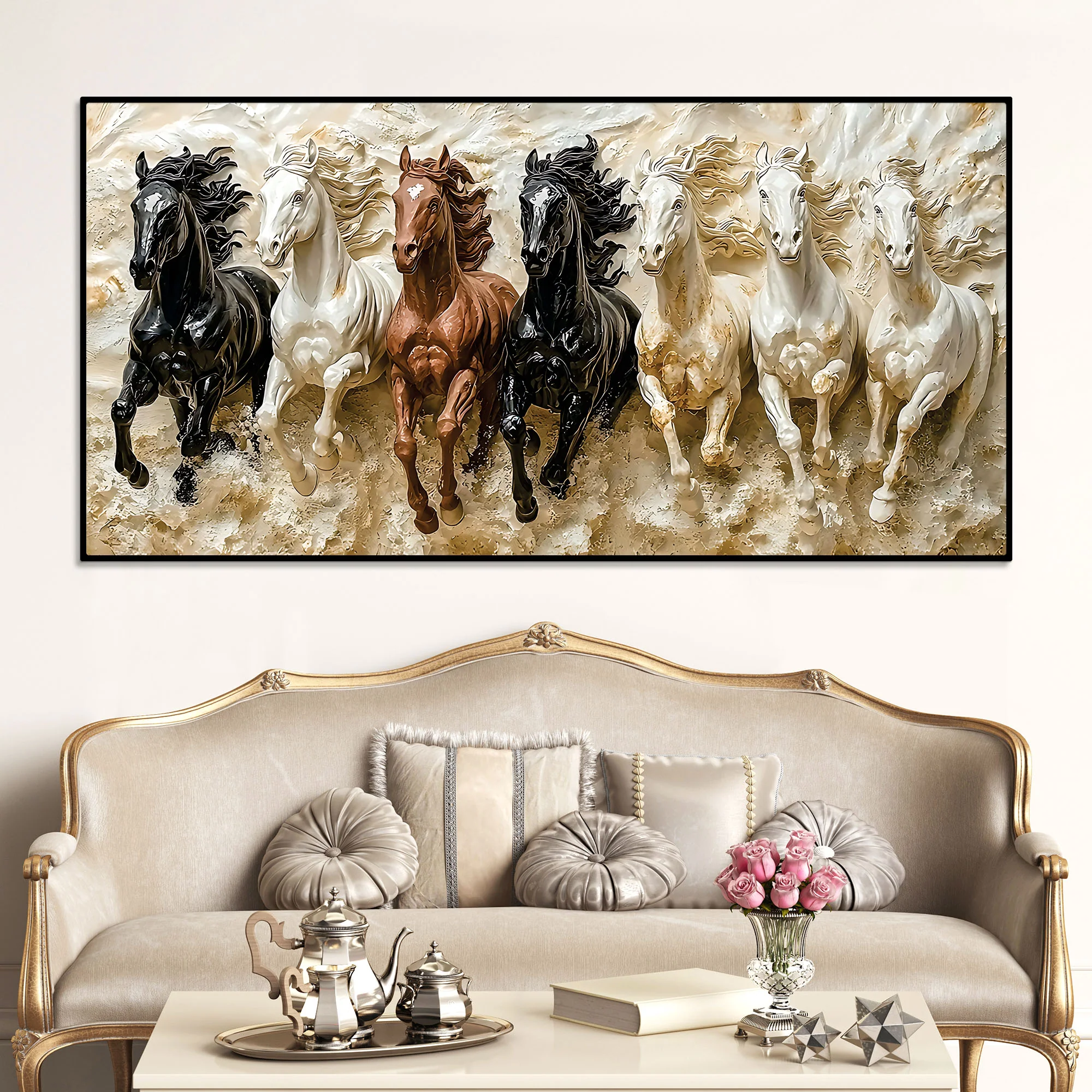 3D Art Auspicious Canvas wall Painting of Seven Running Horses - Image 2