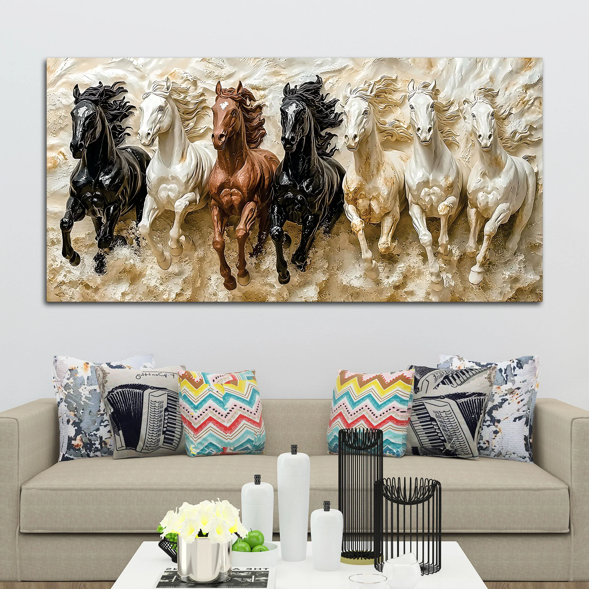 3D Art Auspicious Canvas wall Painting of Seven Running Horses - Image 3