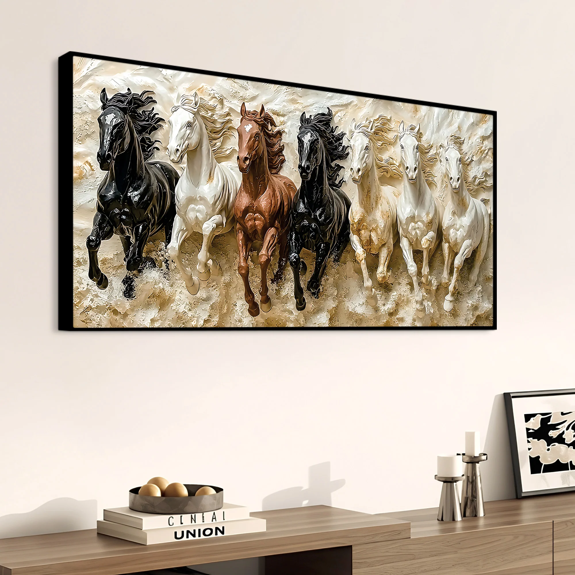3D Art Auspicious Canvas wall Painting of Seven Running Horses - Image 4