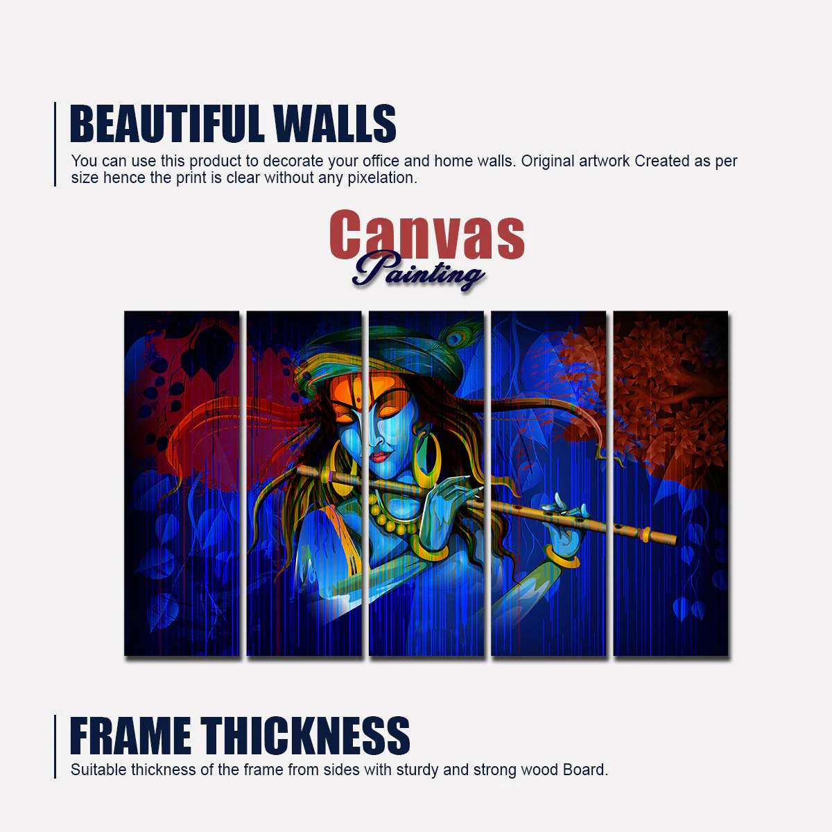 5 Pieces Canvas Wall Painting of Lord Krishna Playing Flute - Image 5