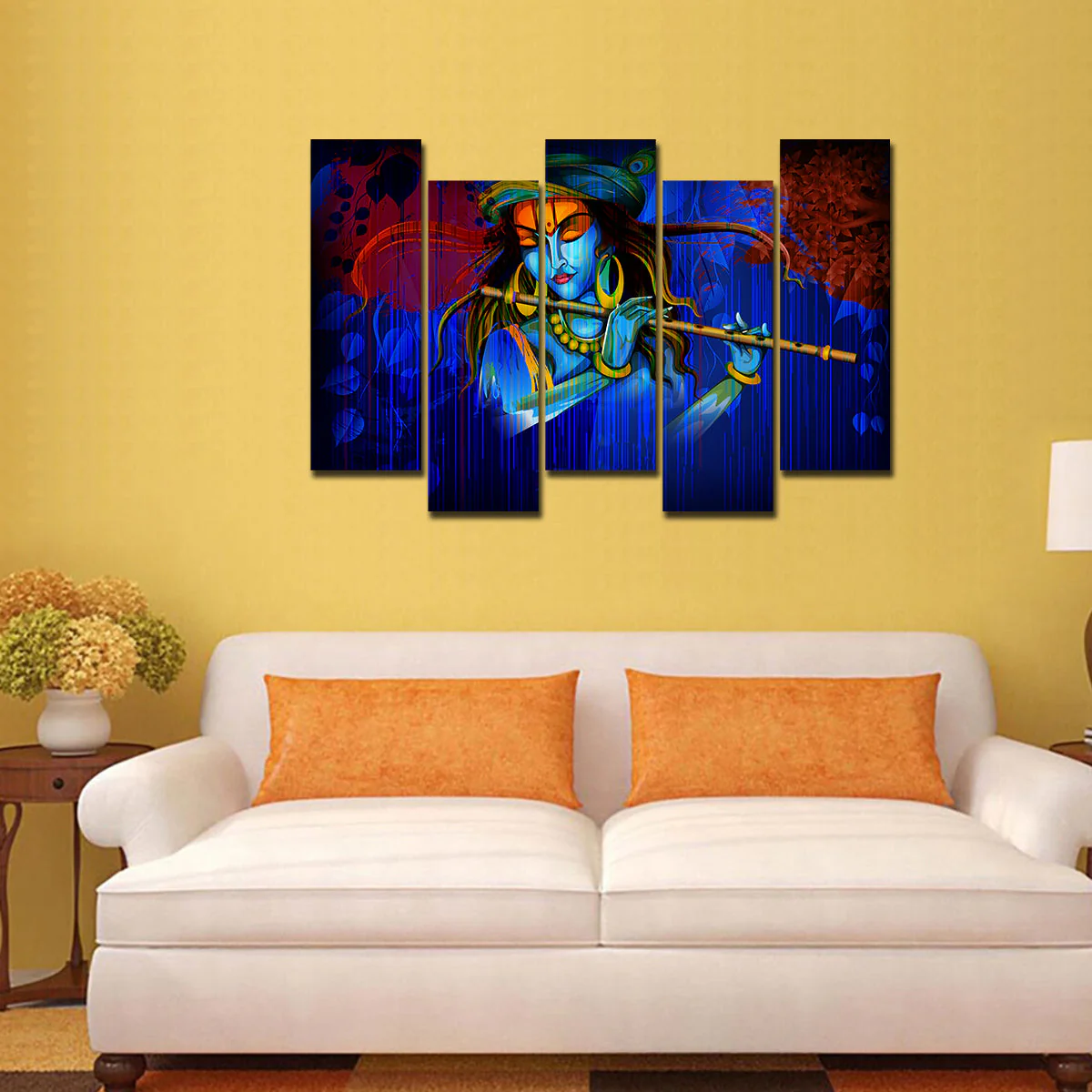 5 Pieces Canvas Wall Painting of Lord Krishna Playing Flute in Dark Forest - Image 2