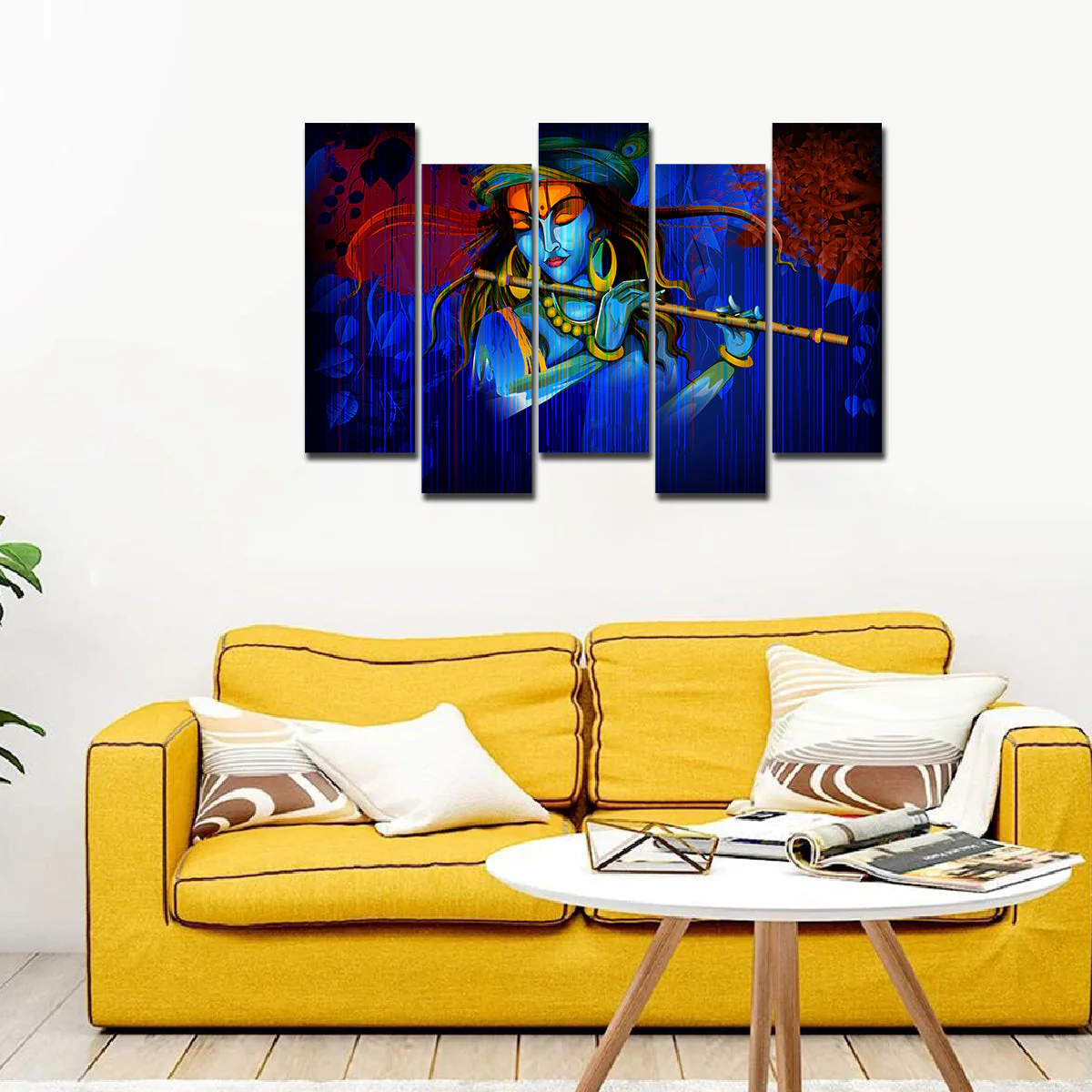 5 Pieces Canvas Wall Painting of Lord Krishna Playing Flute in Dark Forest - Image 3