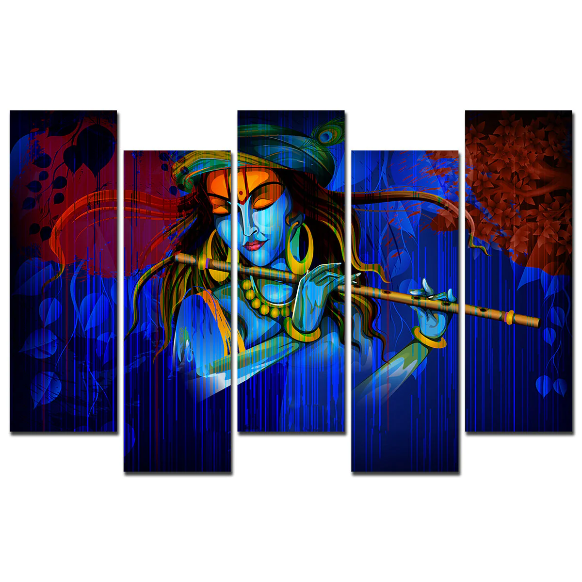5 Pieces Canvas Wall Painting of Lord Krishna Playing Flute in Dark Forest - Image 4