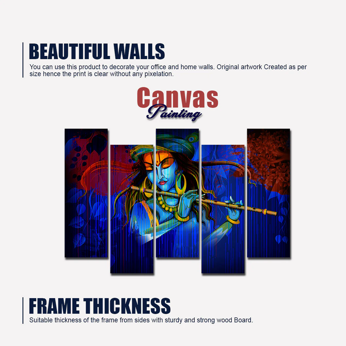 5 Pieces Canvas Wall Painting of Lord Krishna Playing Flute in Dark Forest - Image 5