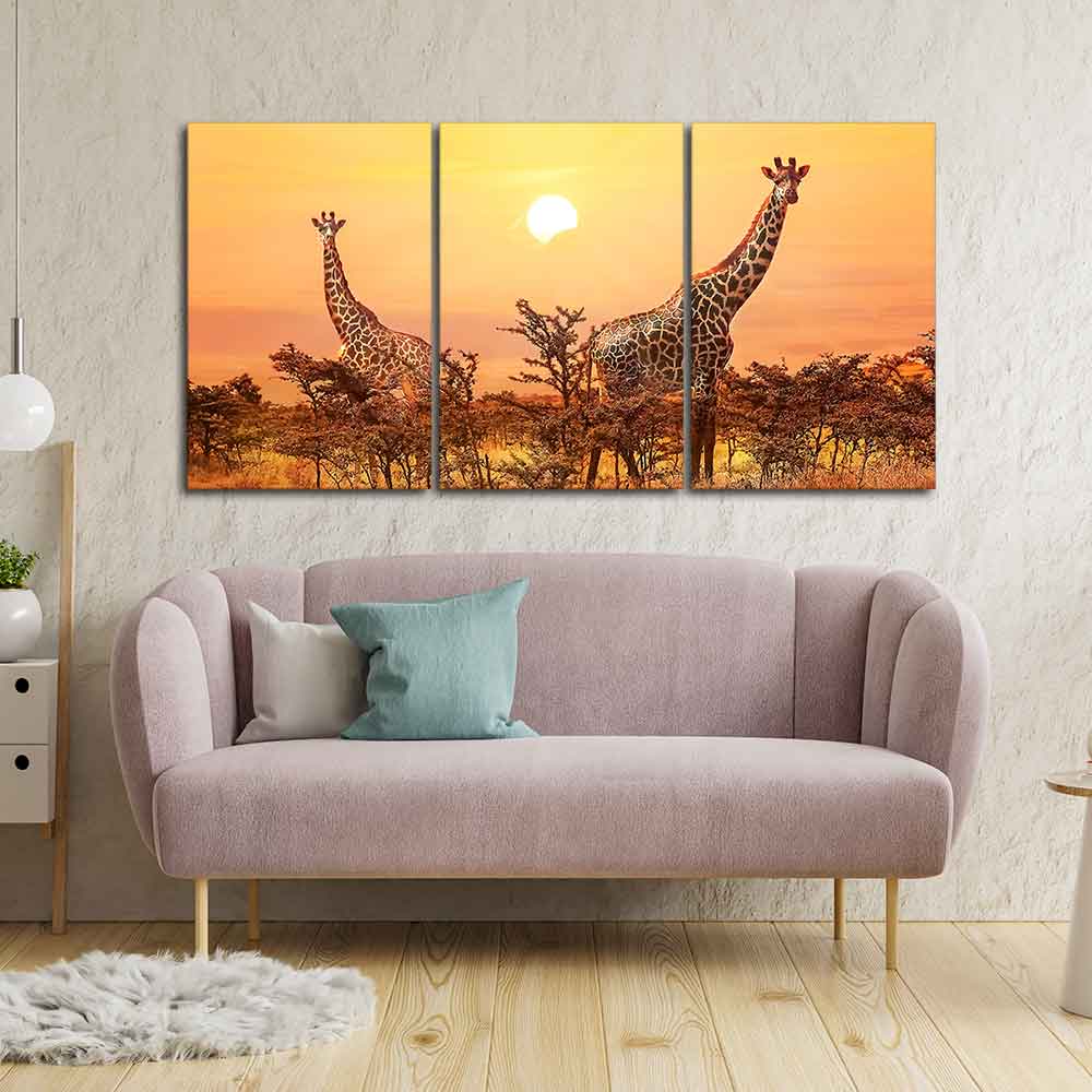 A Beautiful 3 Pieces Wall Painting of Giraffes Sunset in Background - Image 3