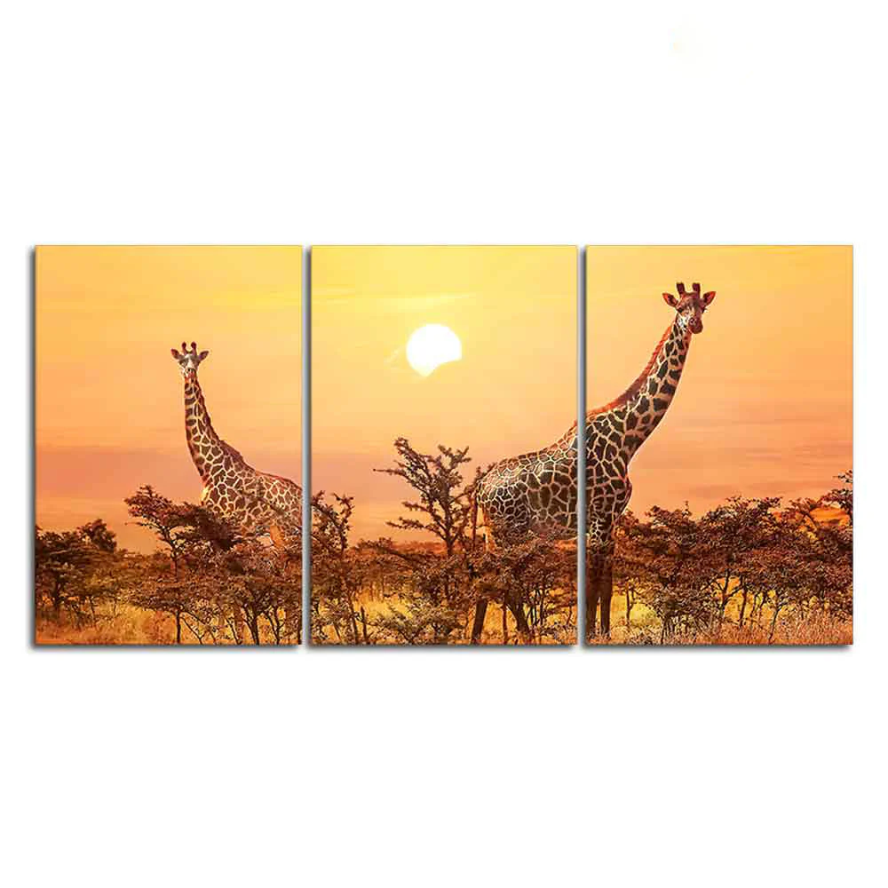 A Beautiful 3 Pieces Wall Painting of Giraffes Sunset in Background - Image 4