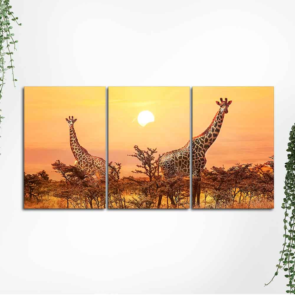 A Beautiful 3 Pieces Wall Painting of Giraffes Sunset in Background - Image 5