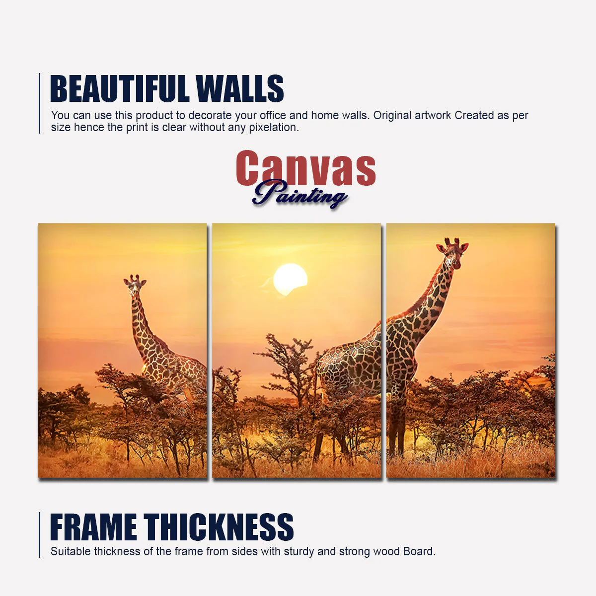 A Beautiful 3 Pieces Wall Painting of Giraffes Sunset in Background - Image 6