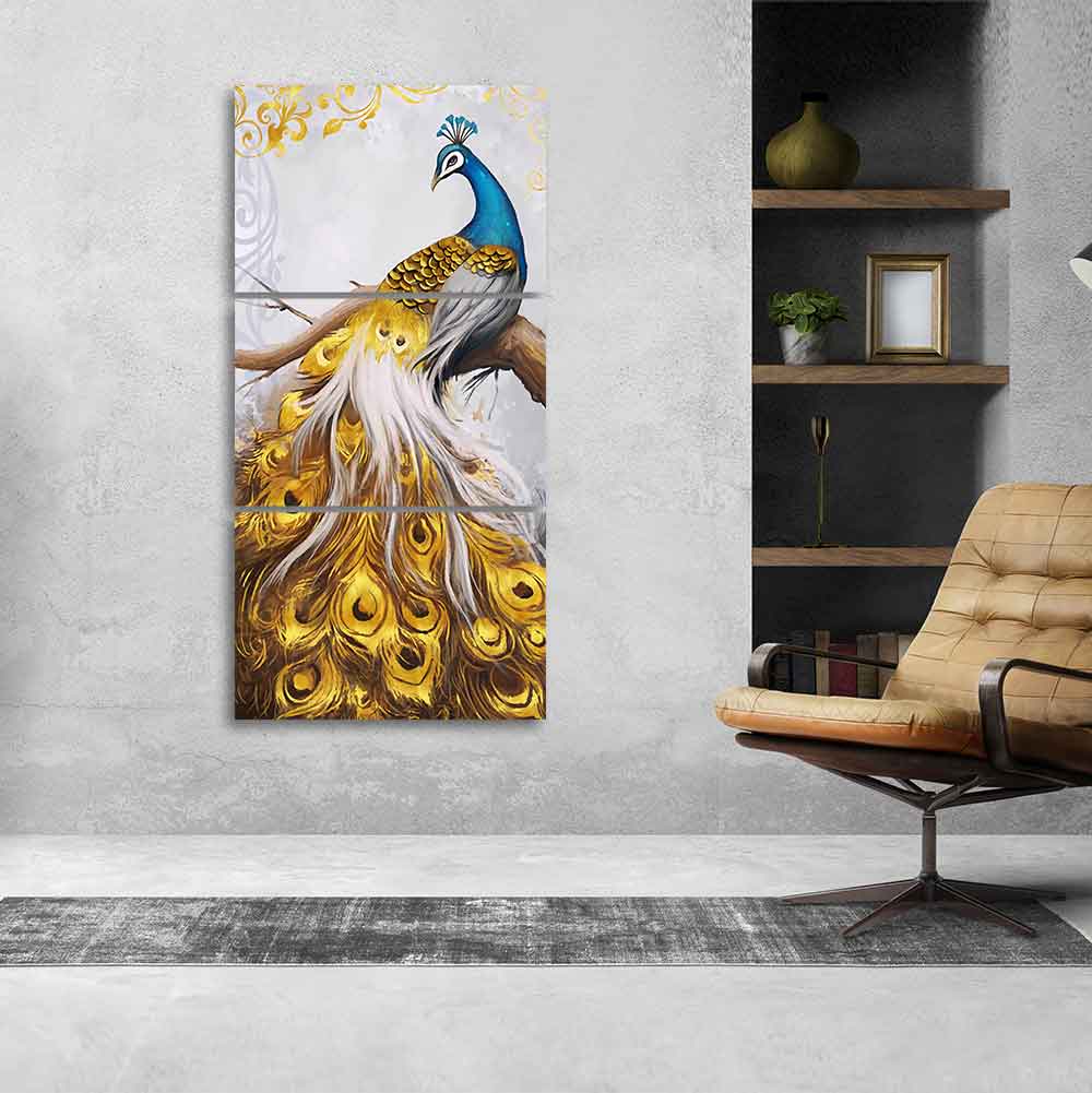 A Beautiful 3 Pieces Wall Painting of Golden Peacock - Image 3