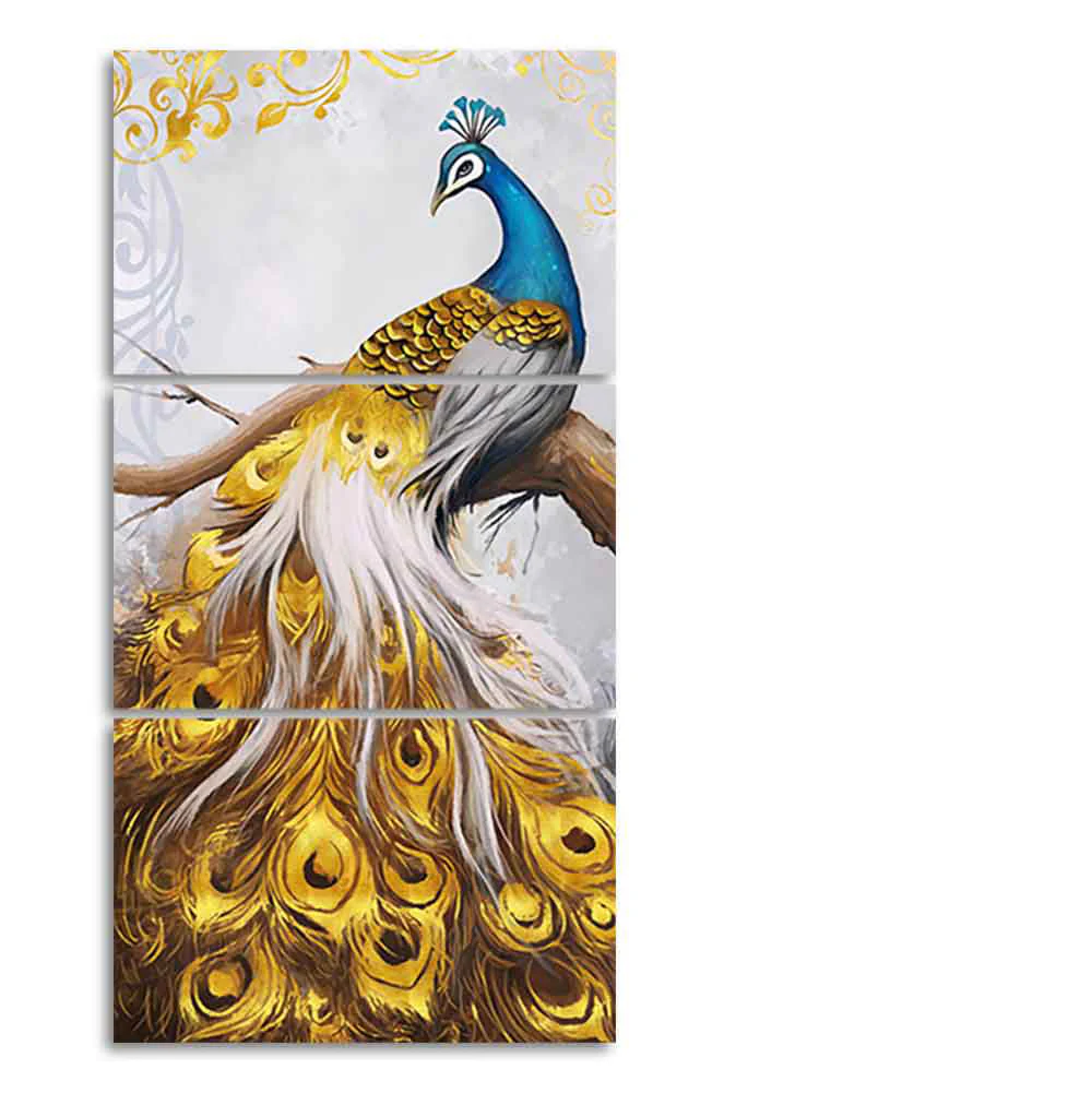 A Beautiful 3 Pieces Wall Painting of Golden Peacock - Image 4