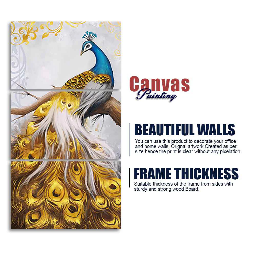 A Beautiful 3 Pieces Wall Painting of Golden Peacock - Image 5