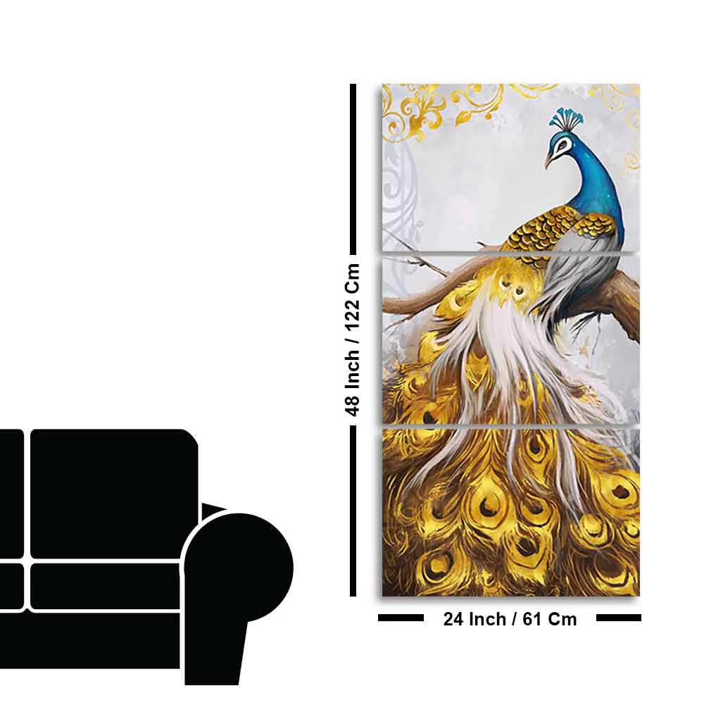 A Beautiful 3 Pieces Wall Painting of Golden Peacock - Image 6