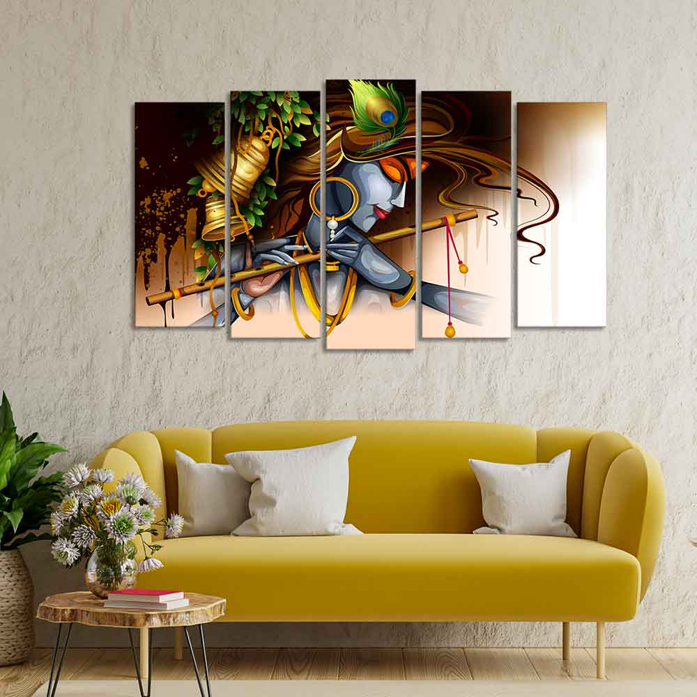A Beautiful 5 Pieces Premium Wall Painting of Lord Krishna Playing Bansuri - Image 3