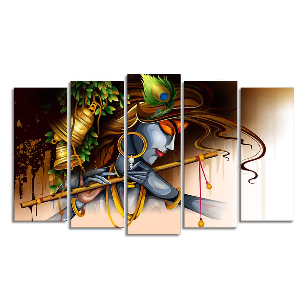 A Beautiful 5 Pieces Premium Wall Painting of Lord Krishna Playing Bansuri - Image 4