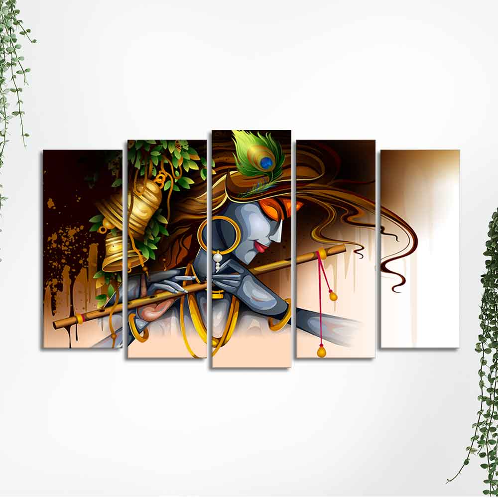 A Beautiful 5 Pieces Premium Wall Painting of Lord Krishna Playing Bansuri - Image 5