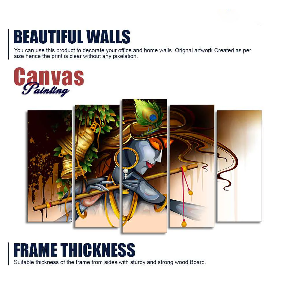 A Beautiful 5 Pieces Premium Wall Painting of Lord Krishna Playing Bansuri - Image 6