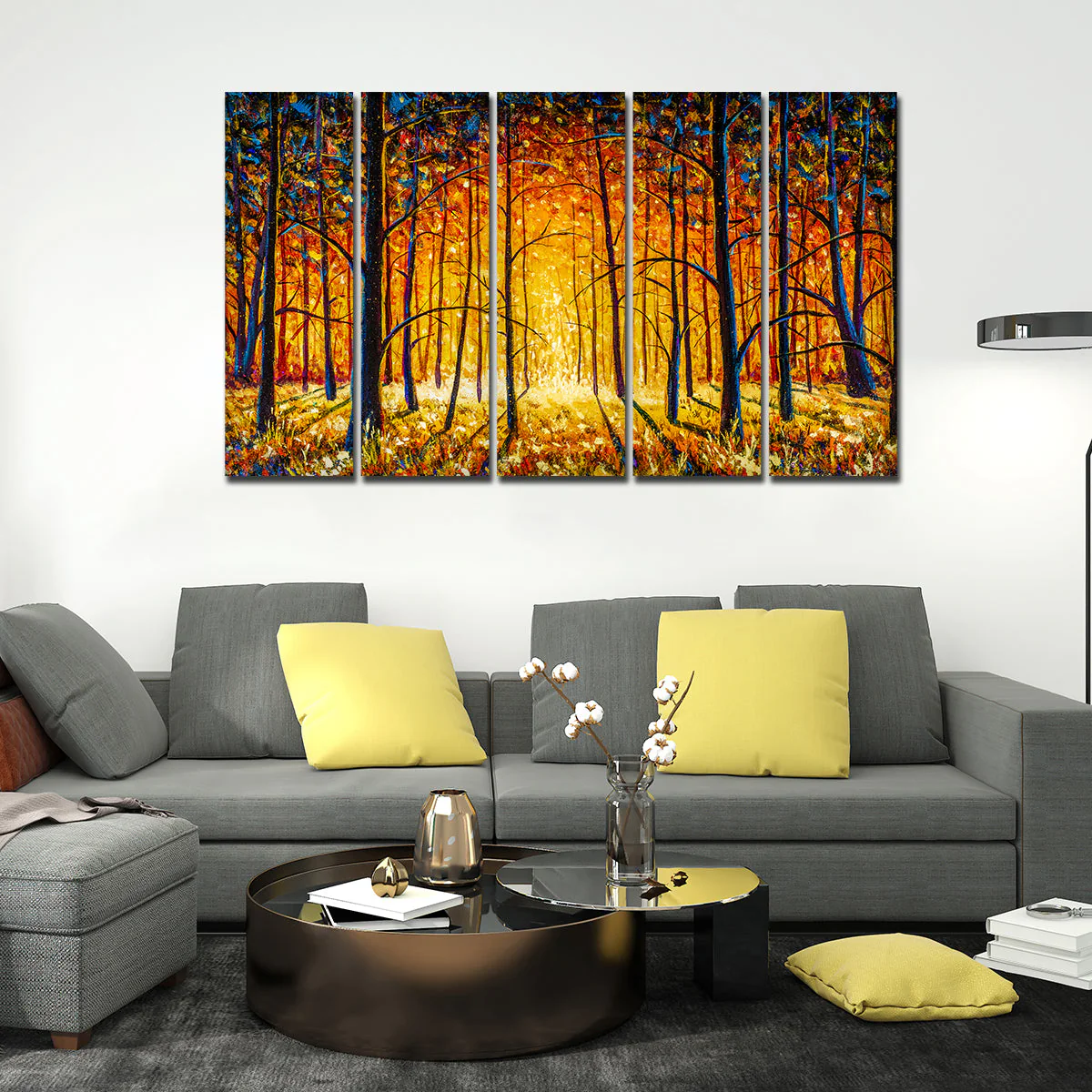 A Beautiful 5 Pieces Premium Wall Painting of Tree Forest in Sunset - Image 2