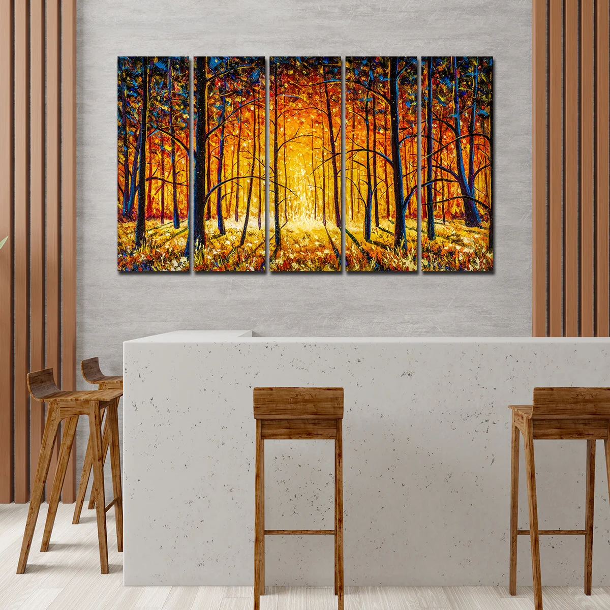 A Beautiful 5 Pieces Premium Wall Painting of Tree Forest in Sunset - Image 3