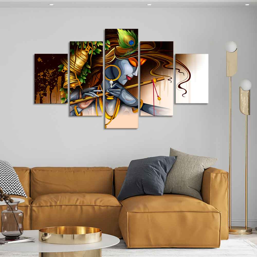 A Beautiful 5 Pieces Wall Painting of Lord Krishna Playing Bansuri - Image 3