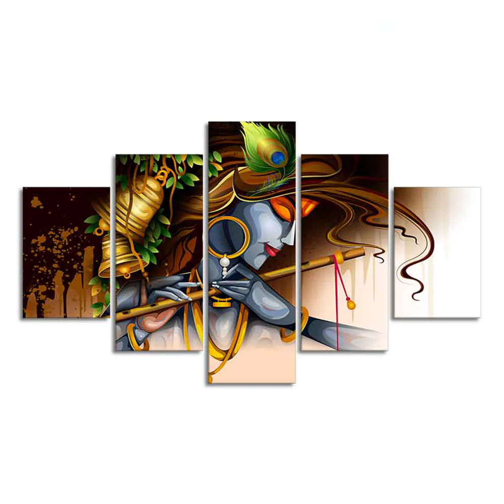 A Beautiful 5 Pieces Wall Painting of Lord Krishna Playing Bansuri - Image 4