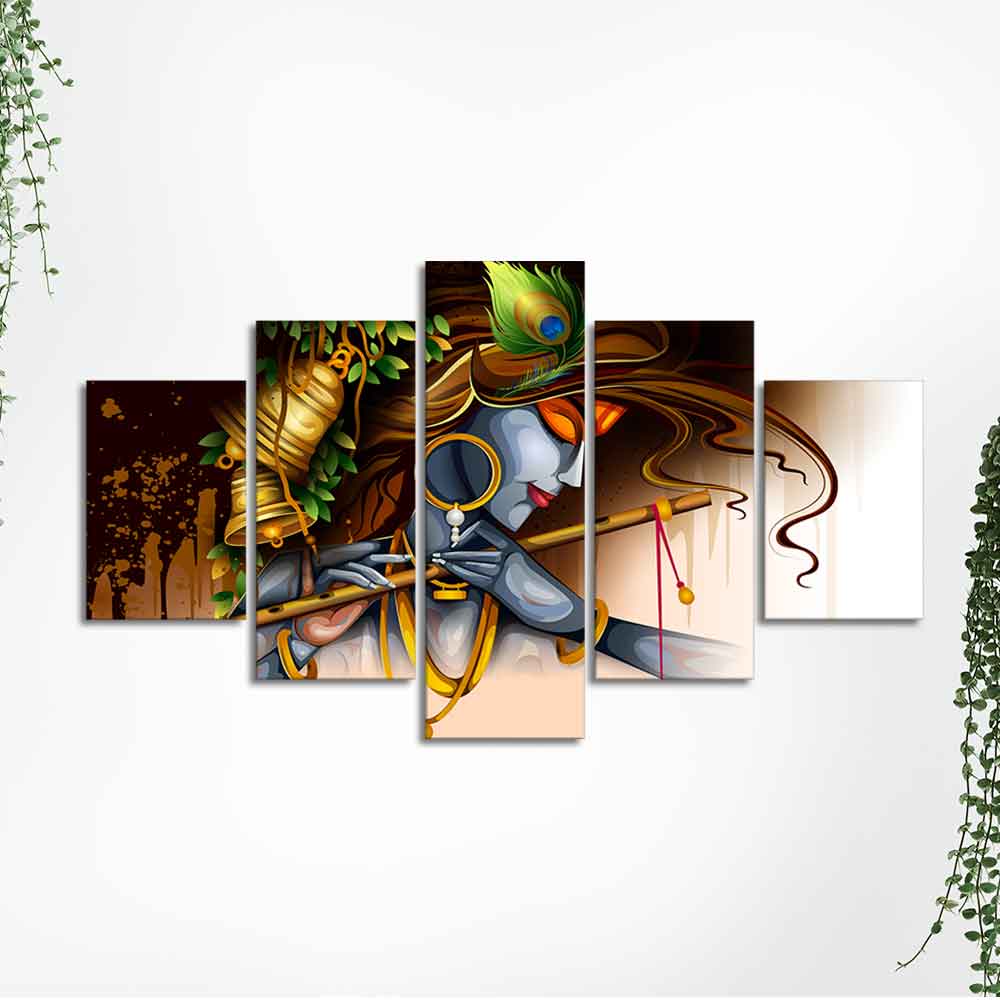 A Beautiful 5 Pieces Wall Painting of Lord Krishna Playing Bansuri - Image 5
