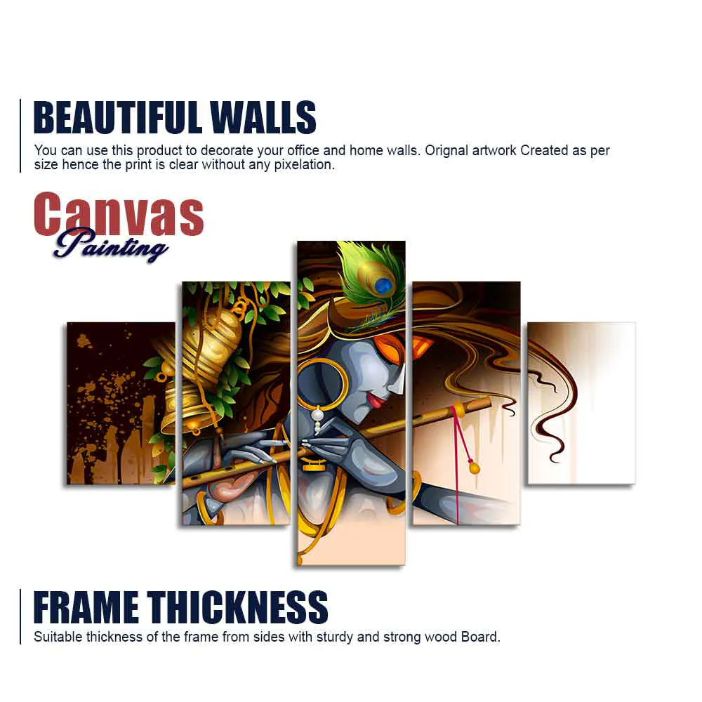 A Beautiful 5 Pieces Wall Painting of Lord Krishna Playing Bansuri - Image 6