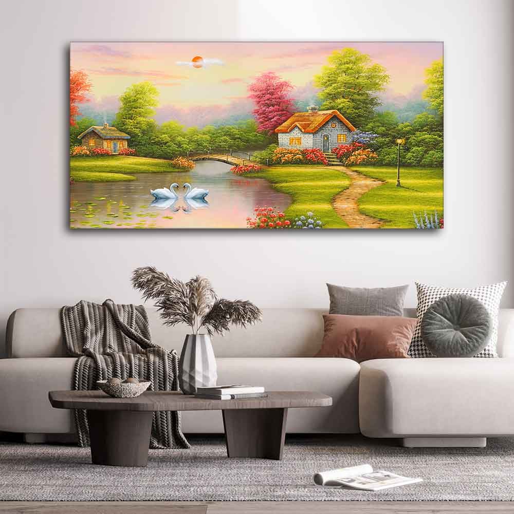 A Beautiful Scenery of Old Houses Canvas Wall Painting - Image 3