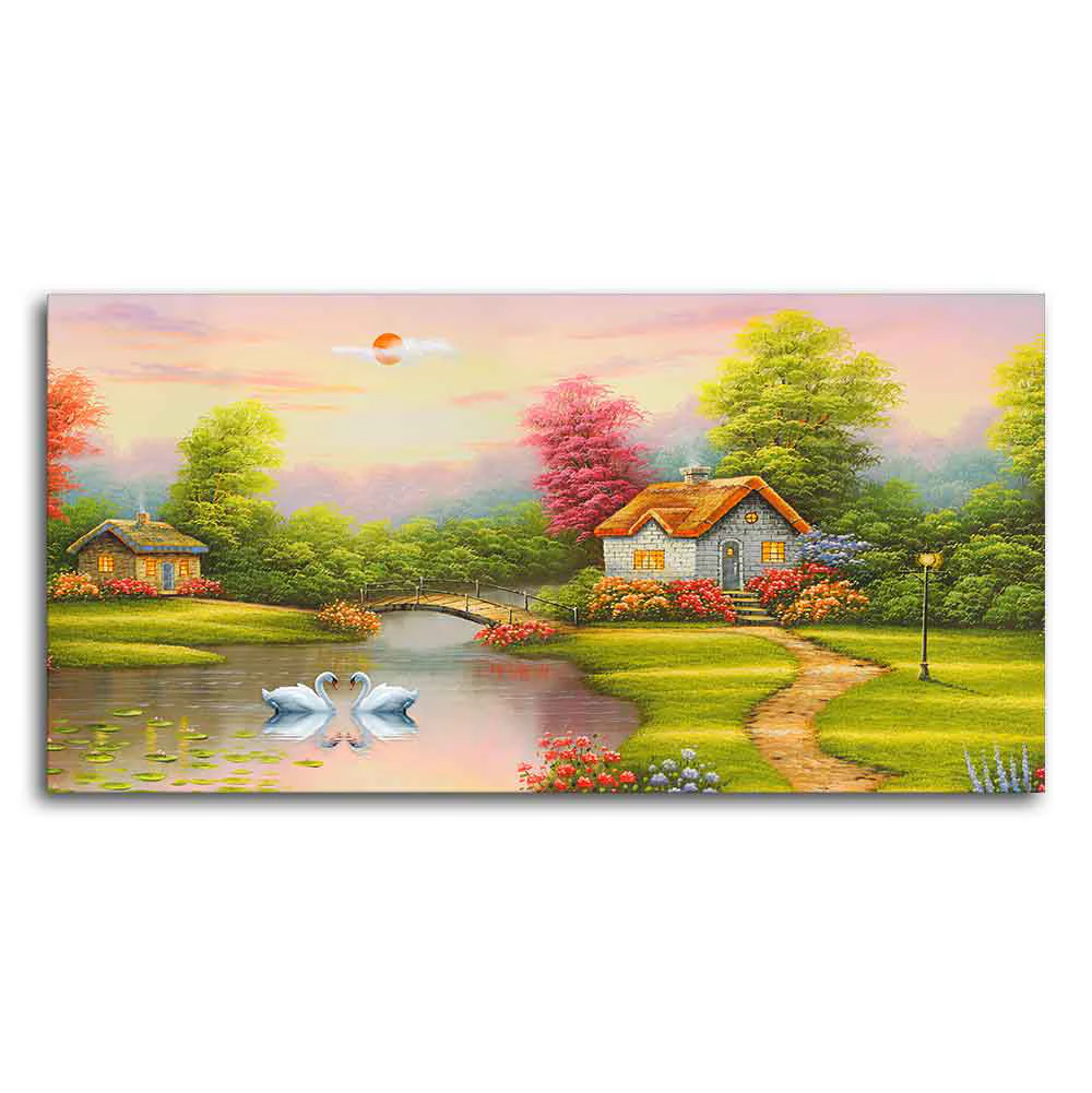 A Beautiful Scenery of Old Houses Canvas Wall Painting - Image 4