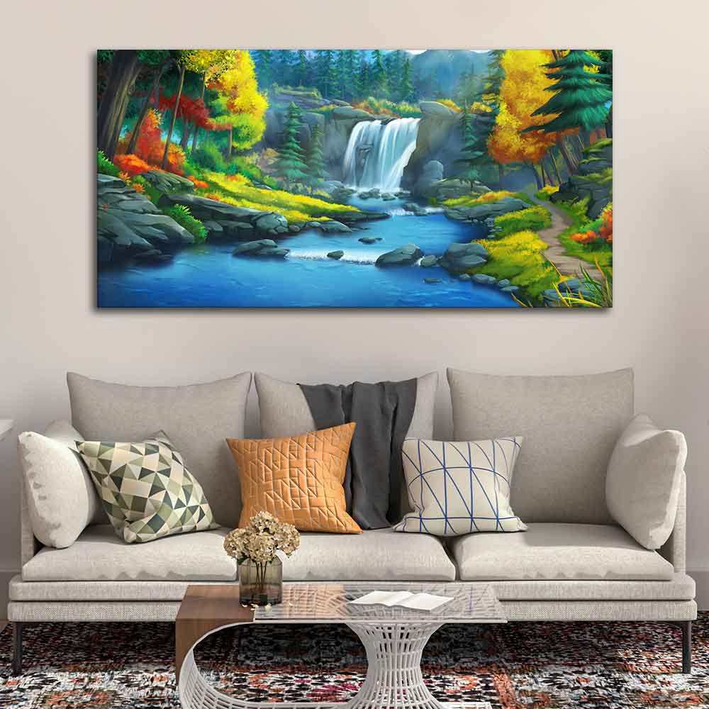 A Beautiful Scenery of Waterfall In Forest Canvas Wall Painting - Image 3