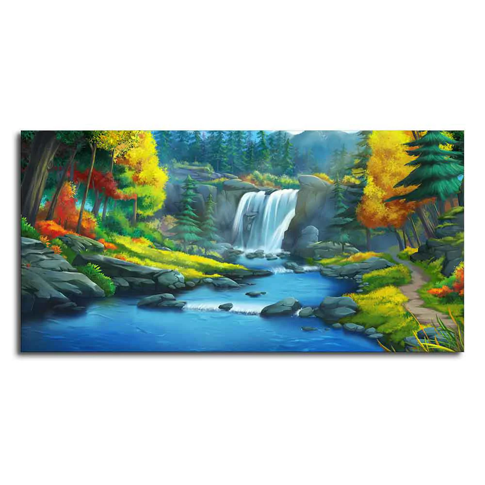 A Beautiful Scenery of Waterfall In Forest Canvas Wall Painting - Image 4