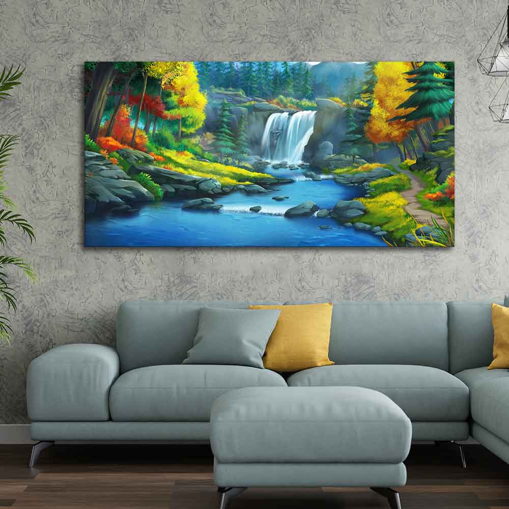 A Beautiful Scenery of Waterfall In Forest Canvas Wall Painting - Image 5