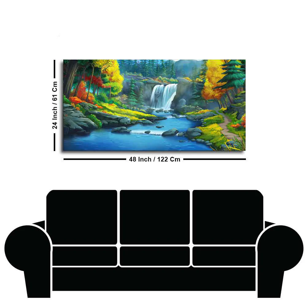 A Beautiful Scenery of Waterfall In Forest Canvas Wall Painting - Image 7
