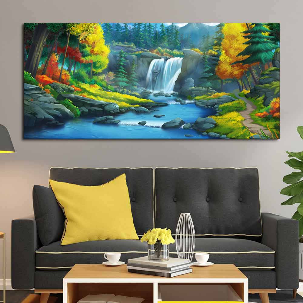 A Beautiful Waterfall In Forest Premium Wall Painting - Image 3