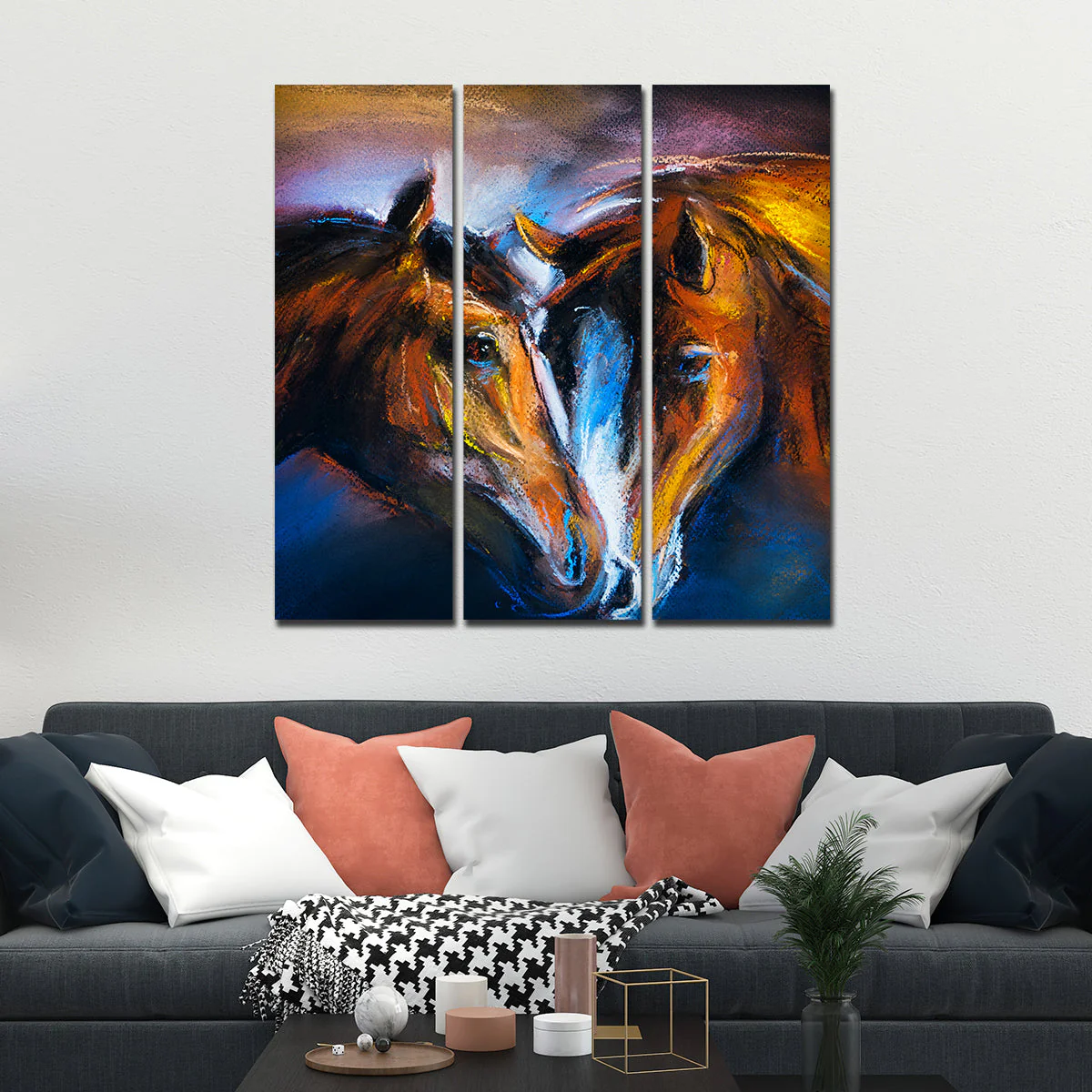 A Couple of Horses Canvas Wall Painting of 3 Pieces - Image 3