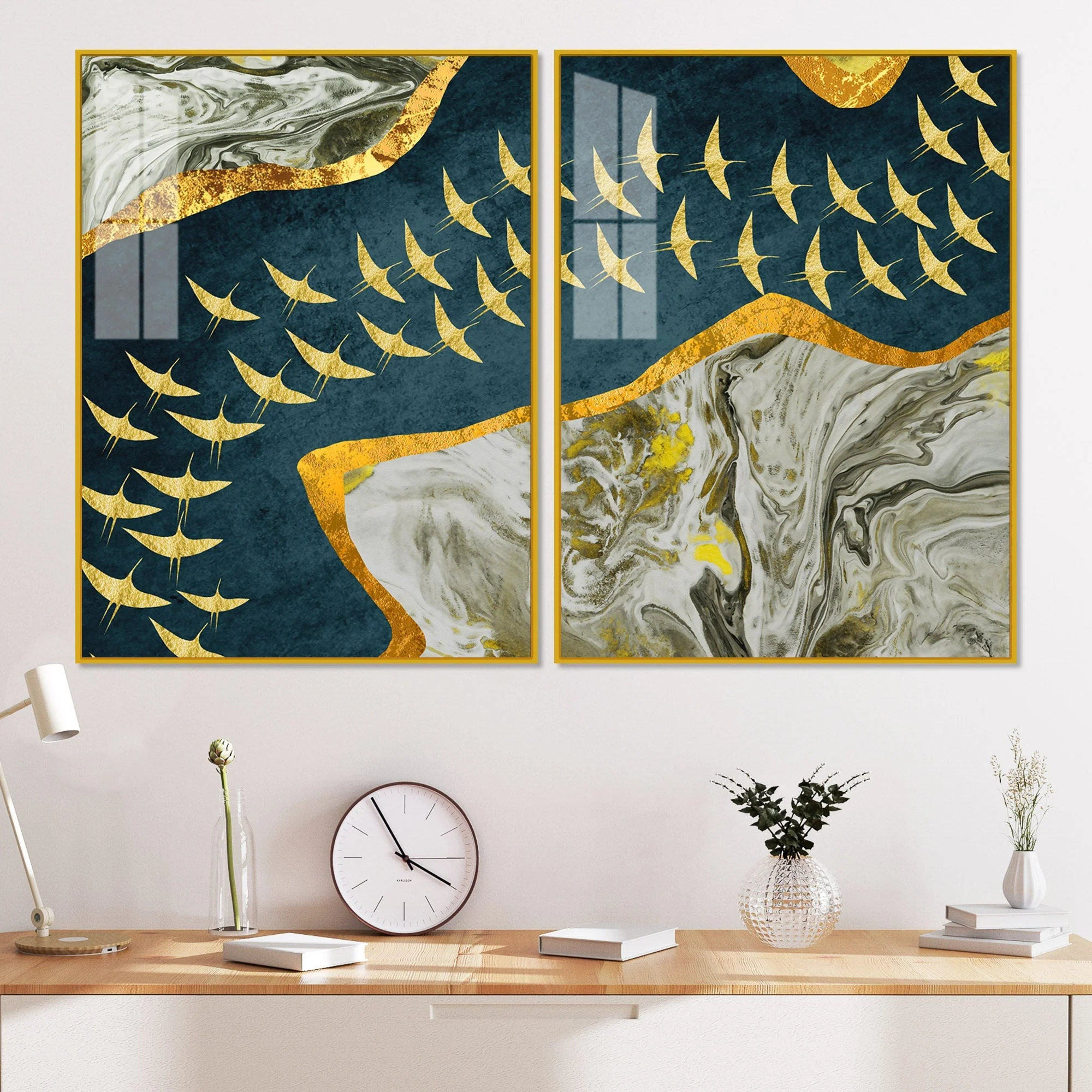 A Flock of Golden Birds Acrylic Floating Wall Painting Set of 2 - Image 2