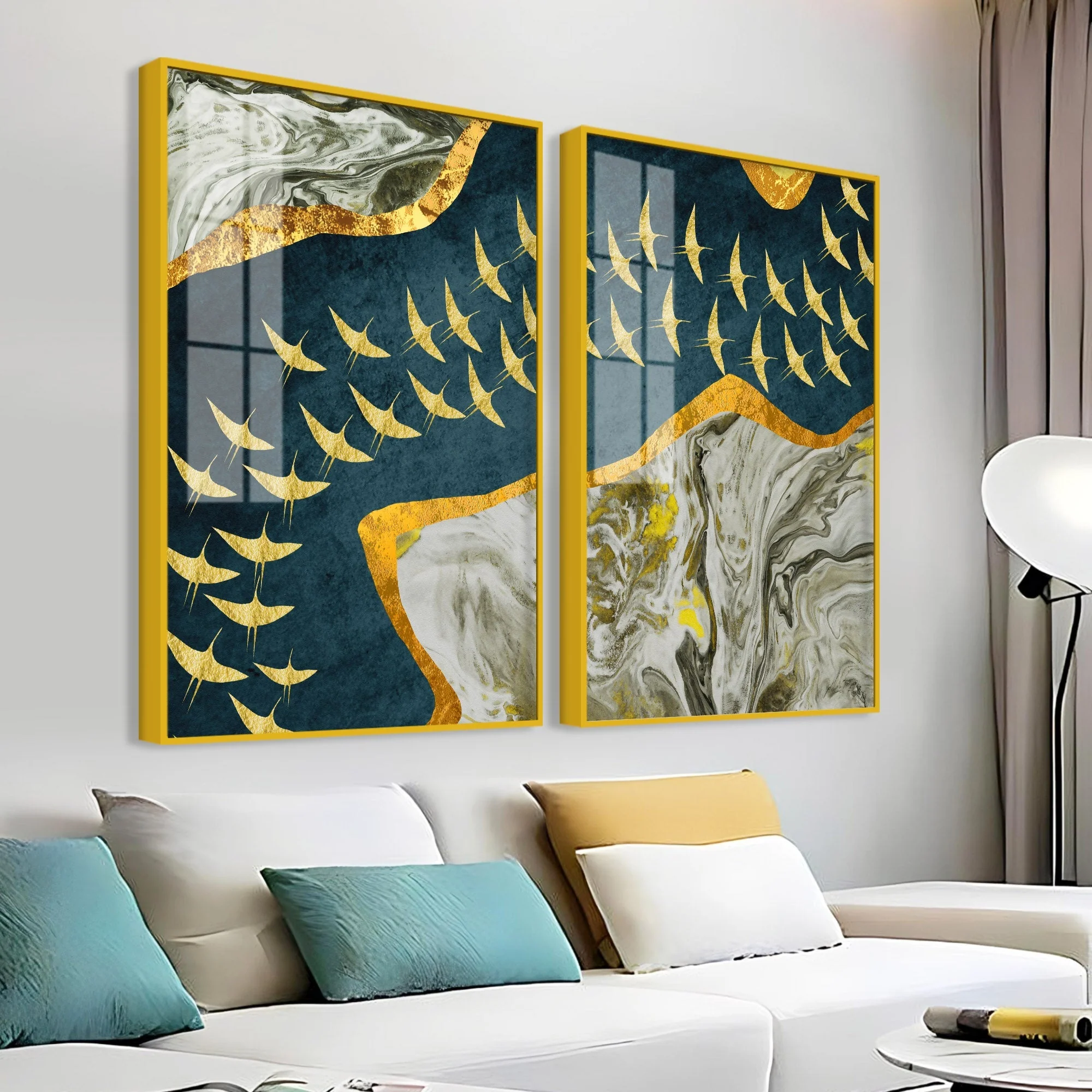 A Flock of Golden Birds Acrylic Floating Wall Painting Set of 2 - Image 3