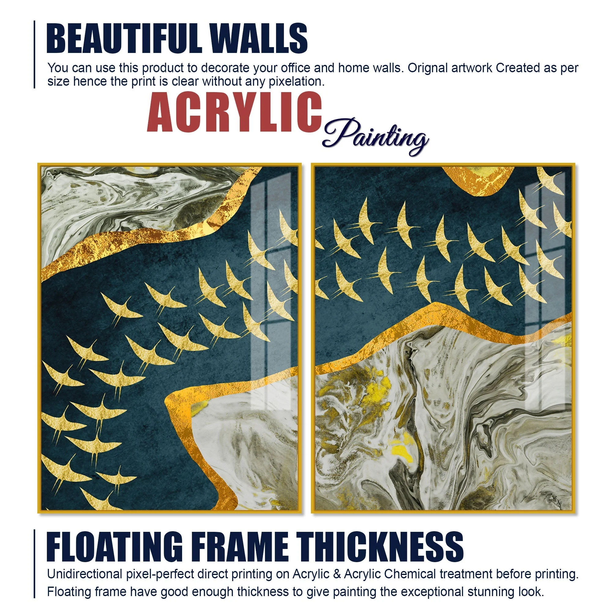 A Flock of Golden Birds Acrylic Floating Wall Painting Set of 2 - Image 6
