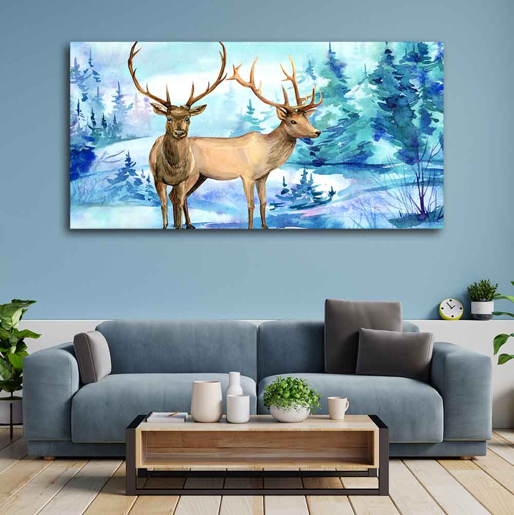 Pair of Deer in Snow Covered Forest Wall Painting - Image 2