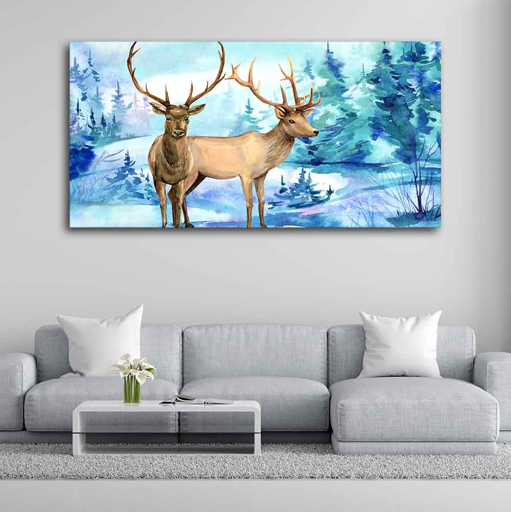 Pair of Deer in Snow Covered Forest Wall Painting - Image 3