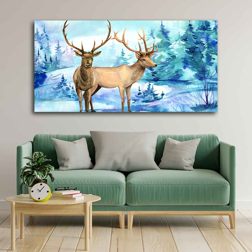 Pair of Deer in Snow Covered Forest Wall Painting - Image 4