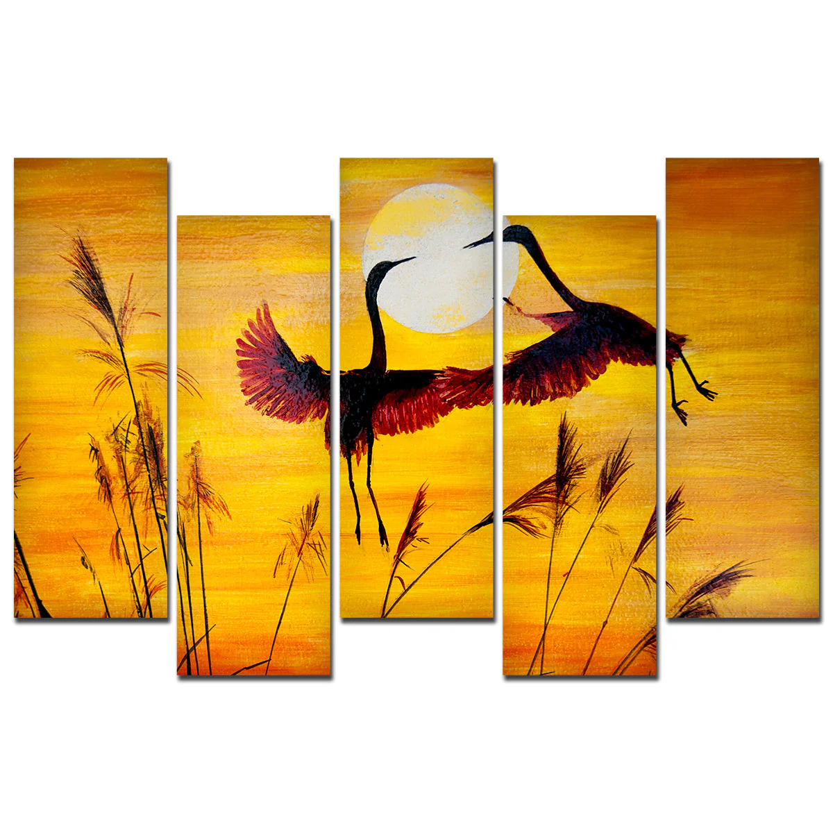 Pair of Cranes Flying 5 Pieces Canvas Wall Painting - Image 4